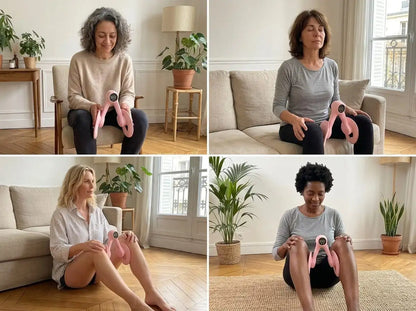Femme d'une cinquantaine d'années pratiquant un exercice de Pilates doux sur son canapé pour renforcer son périnée et tonifier ses cuisses avec l'appareil rose Pelivio.