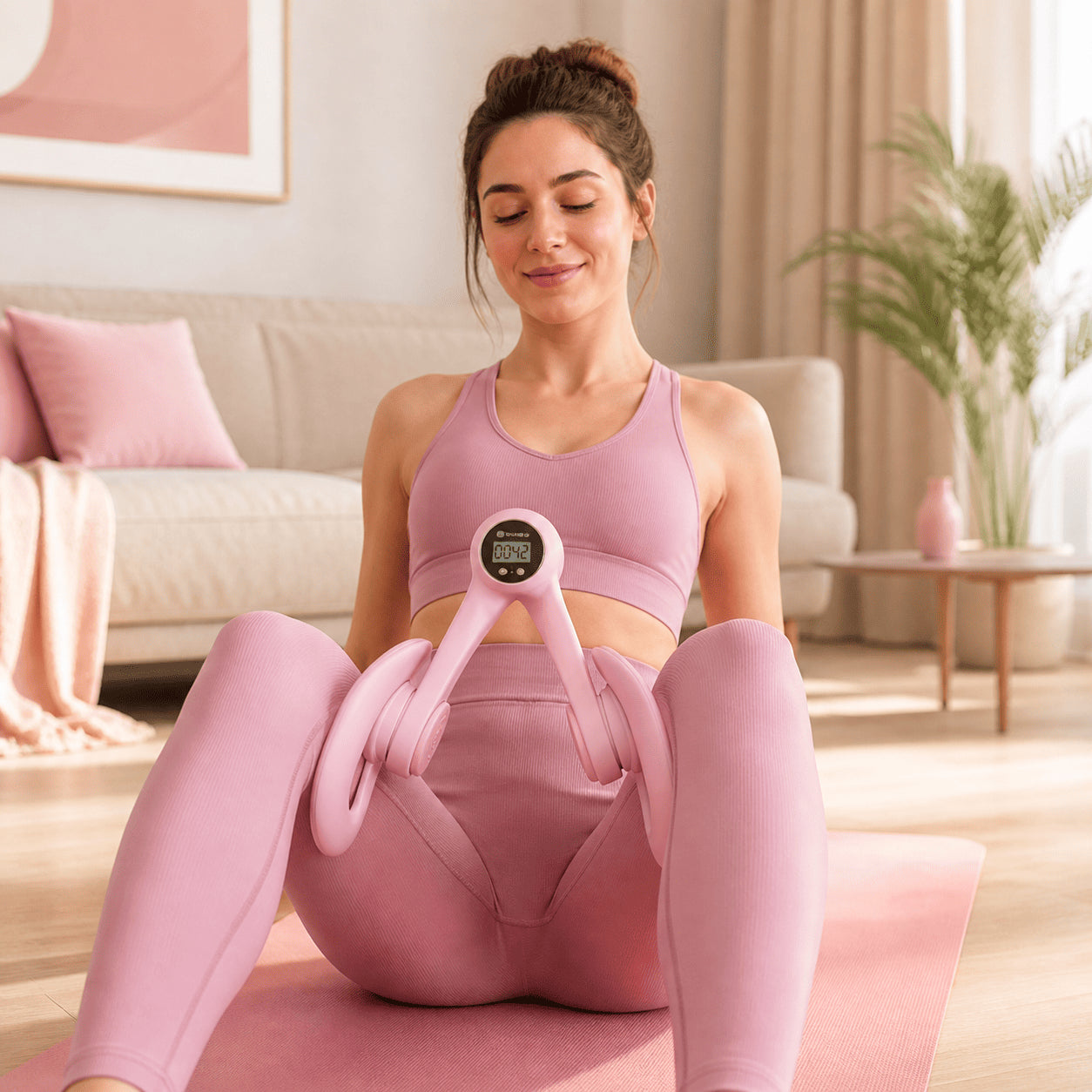 Routine d'exercice pour le plancher pelvien et les muscles profonds du bassin sur un tapis de fitness à la maison.