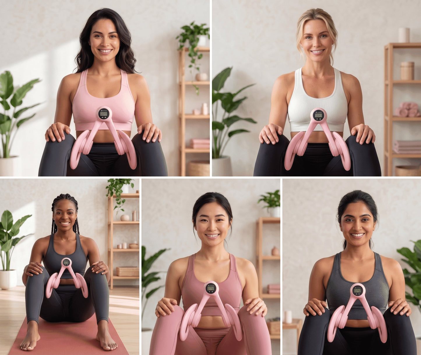 Différentes femmes pratiquant des exercices de renforcement du bassin et des cuisses avec l'appareil de fitness Pelivio.