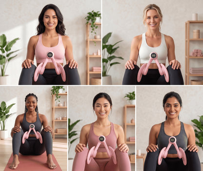 Différentes femmes pratiquant des exercices de renforcement du bassin et des cuisses avec l'appareil de fitness Pelivio.